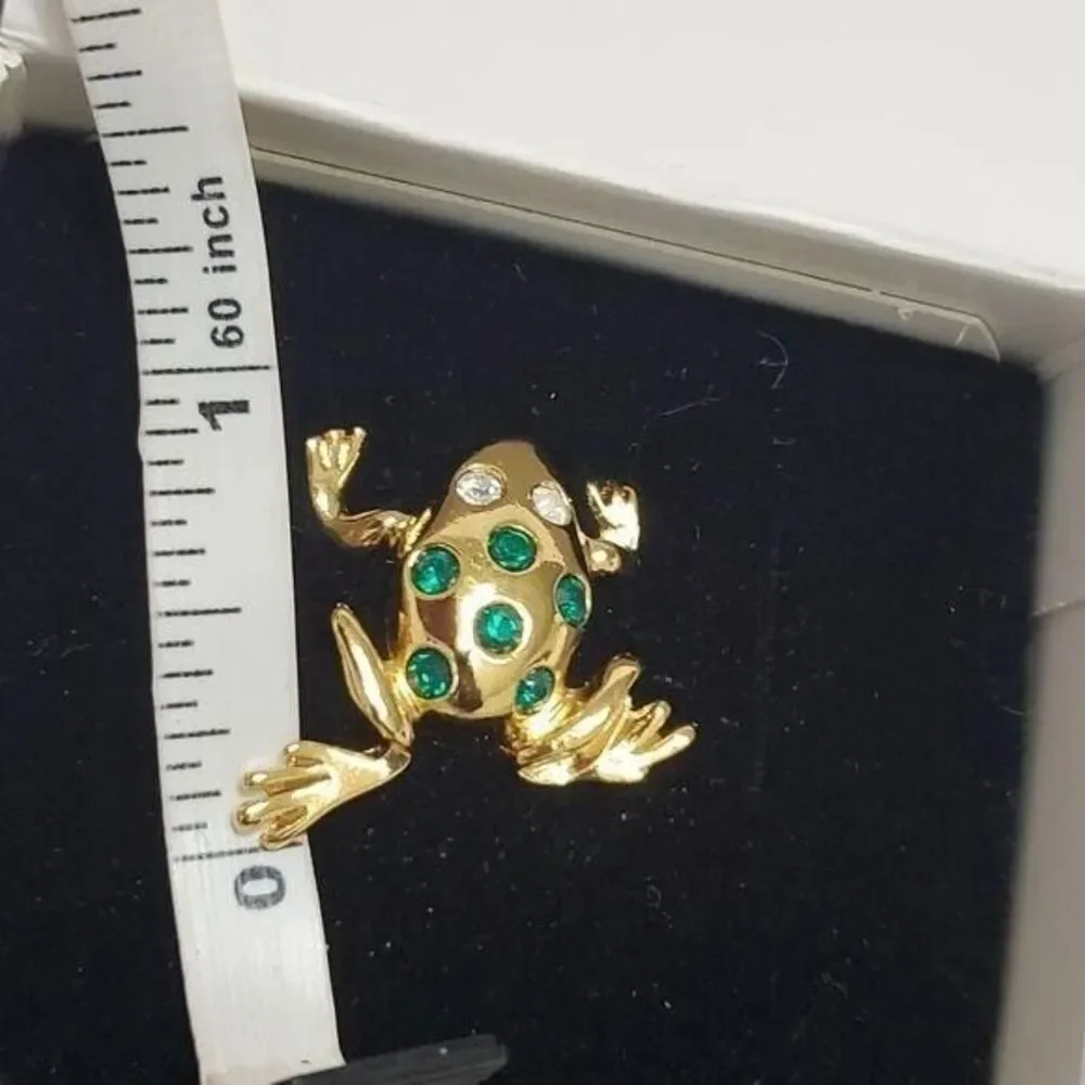 Avon gold tone frog brooch green rhinestones